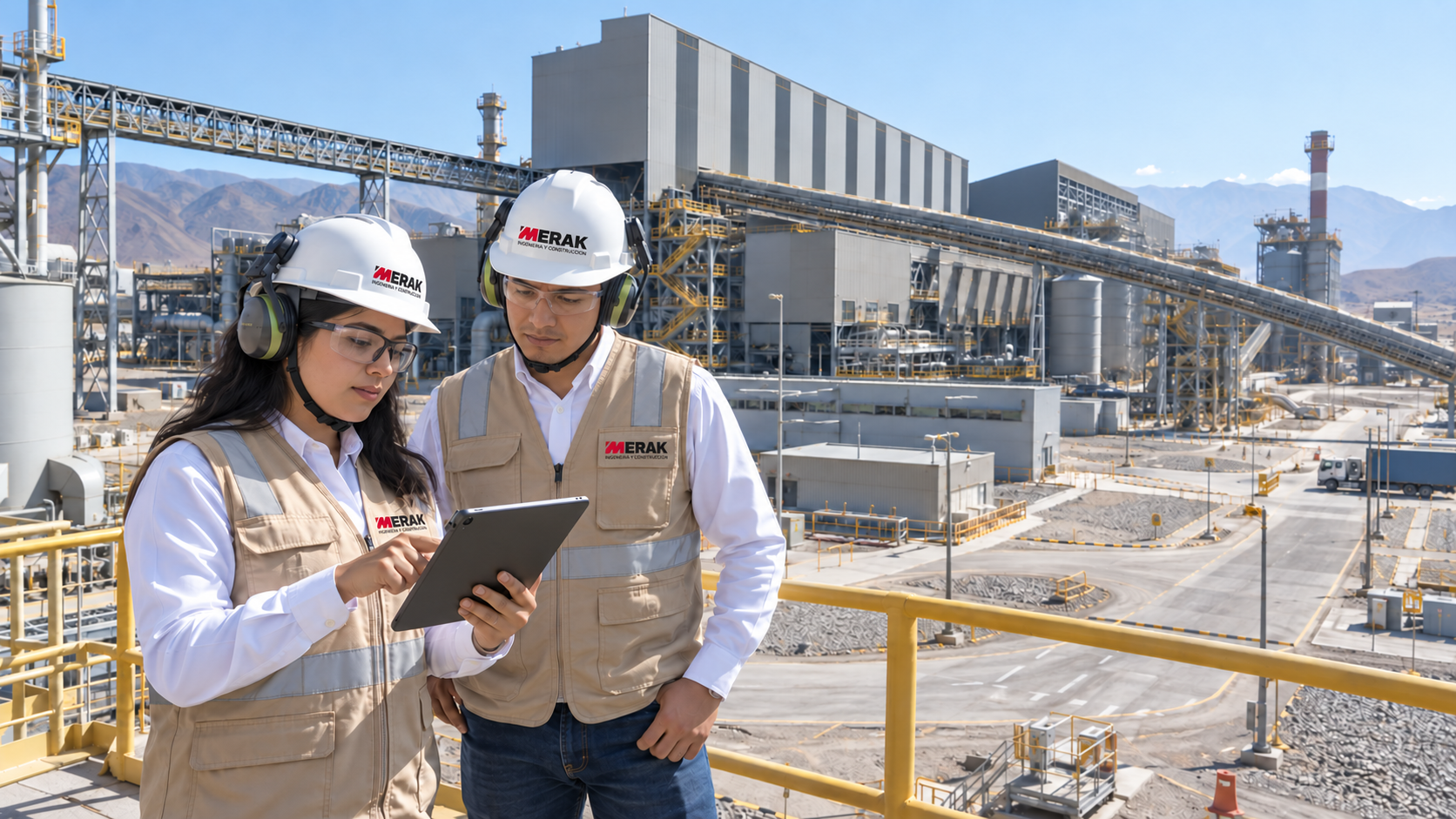 Profesionales MERAK revisando una planta industrial terminada con EPP completo