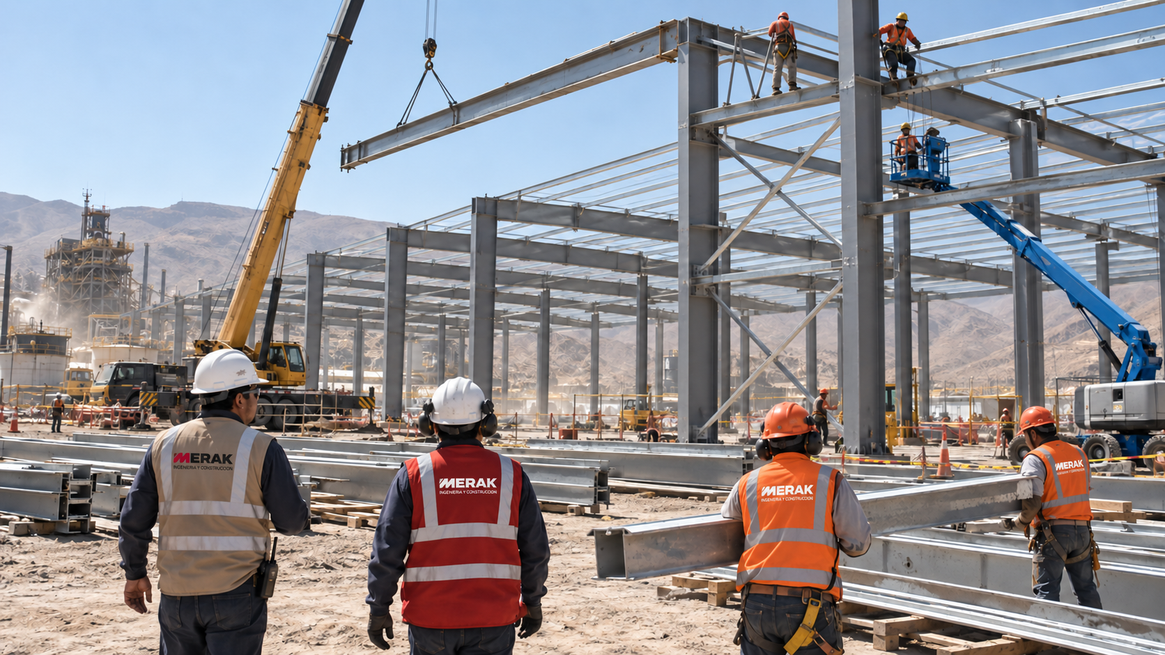 Equipo MERAK durante el montaje estructural de una planta industrial